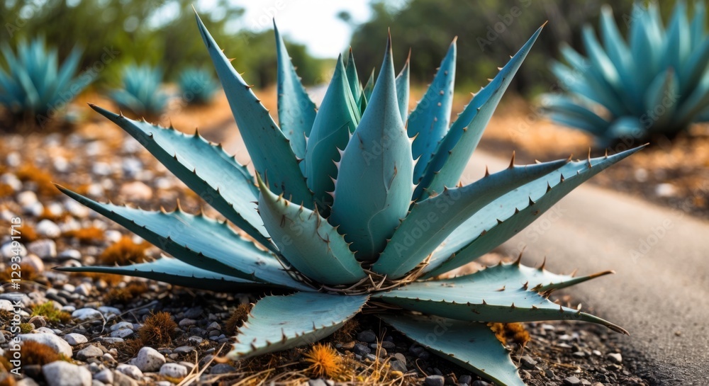 Aufkleber foxtail agave plant in selective focus surrounded by stones and dry grass along a roadside creating 