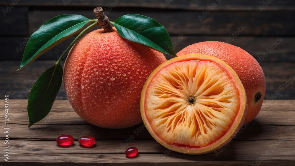 Poster siam ruby pomelo fruit displayed on rustic wooden surface with leaves and dew droplets showcasing vi