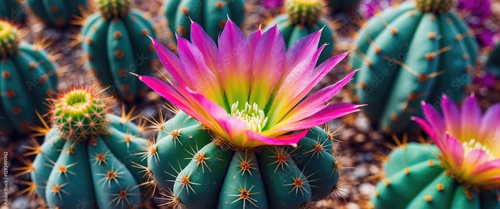 Poster vibrant close-up of cactus flower with colorful petals and sharp thorns set against a blurred backgr