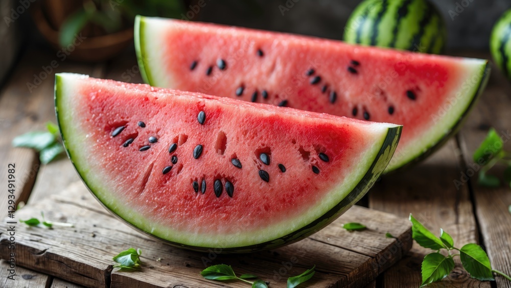 Poster freshly sliced watermelon halves on rustic wooden table with empty space for text; perfect for summe