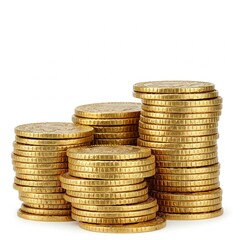 Gold Coin Stacks – Isolated Cut-Out – Shiny Metallic Currency Piles for Financial and Investment Concepts