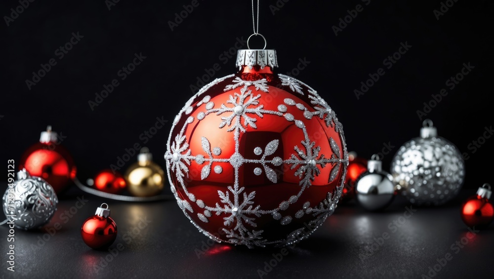 Poster elegant red christmas ornament with silver accents and snowflake design on a dark background surroun