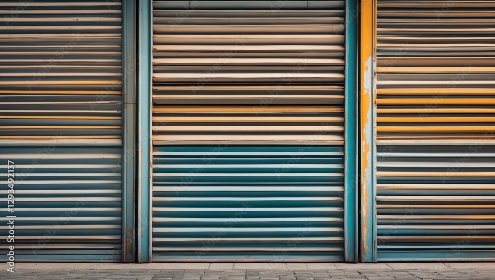 Aufkleber Colorful metal shutter door pattern with horizontal lines and textures creating a unique urban background for various design projects.