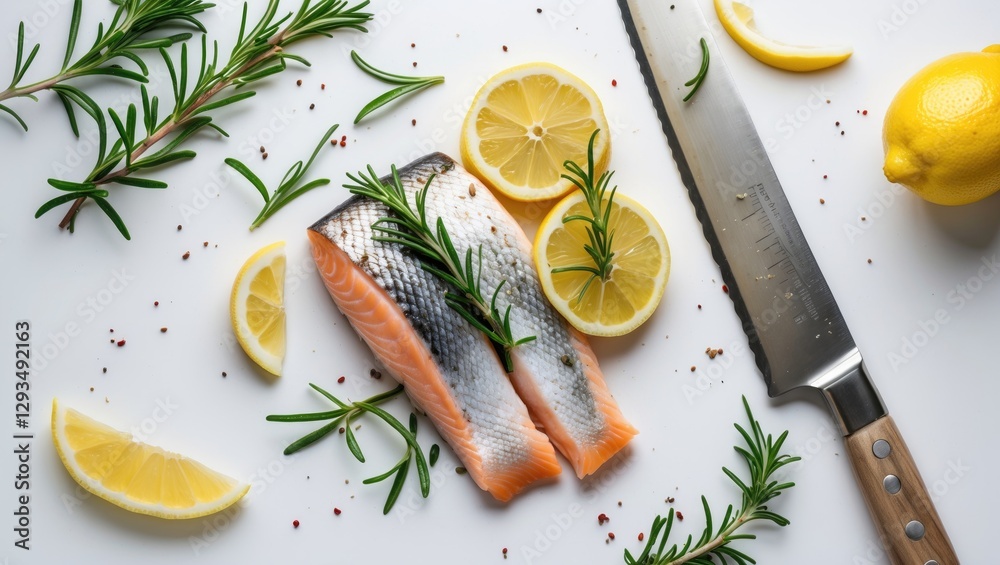 Poster fresh fish fillet with lemon and rosemary on white background for culinary presentation and recipe p