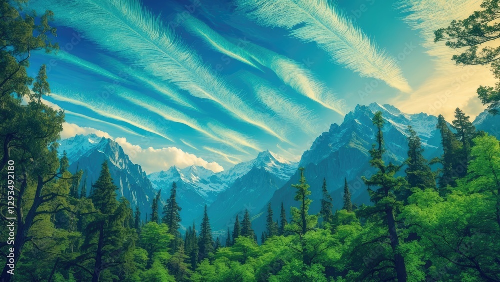 Poster majestic mountains under vibrant skies with unique clouds and lush green trees creating a serene nat