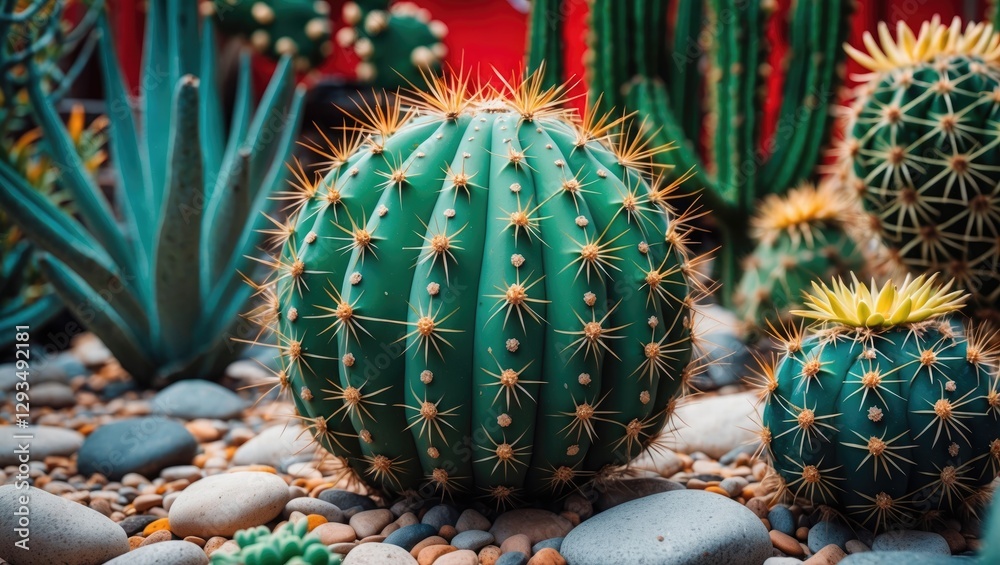 Poster round cactus with prominent thorns in a pebbled garden setting, surrounded by various plant species 