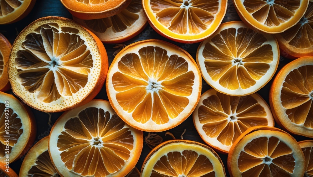Poster dry orange slices arranged as a vibrant natural background or texture showcasing their intricate det