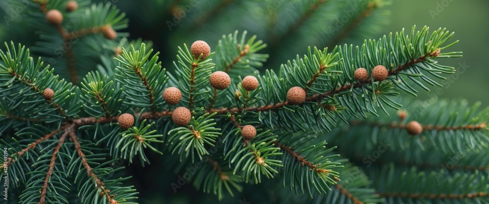 Poster brown bumps on spruce branch showcasing the intricate details of nature's textures and colors in a s