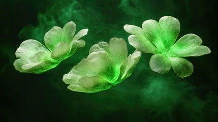 Translucent green flowers emit an ethereal glow, surrounded by s