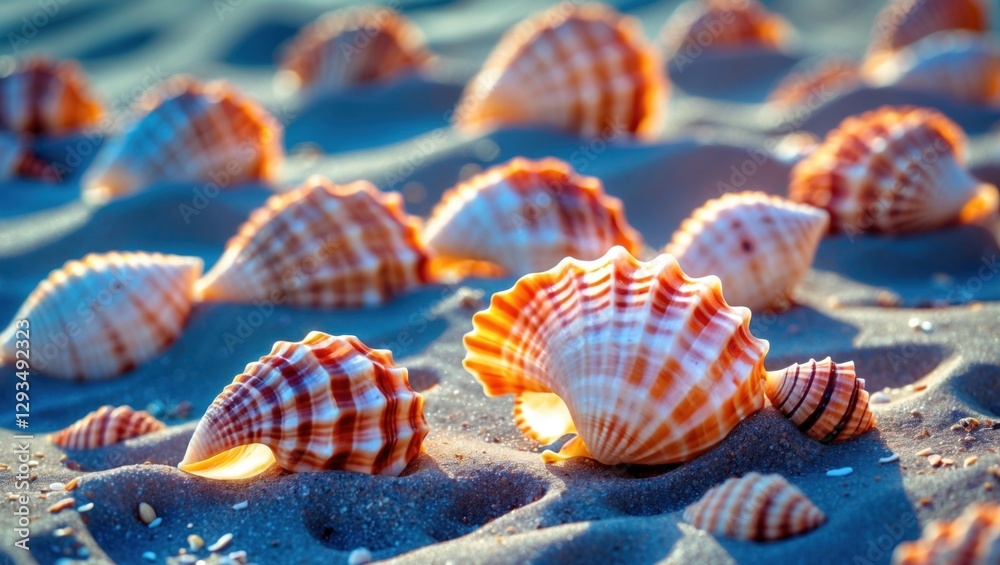 Poster Vibrant seashells scattered on smooth beach sand creating a natural textured background ideal for design and coastal themes.