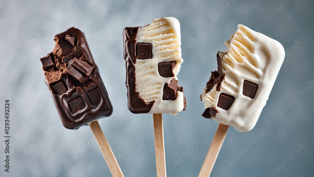 Poster Bitten Chocolate Ice Cream Bars in Dark, Milk, and White Varieties on Sticks with Empty Space for Text in Full Depth of Field