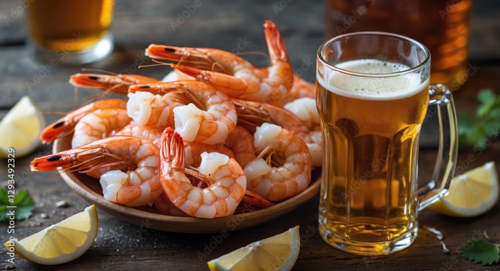 Poster shrimp and beer pairing with fresh lemon slices on rustic wooden table perfect for food and beverage