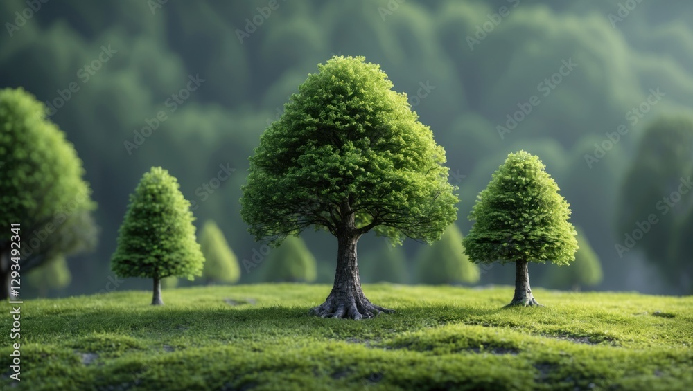 Poster lush green miniature trees on a serene landscape with blurred background showcasing nature's tranqui