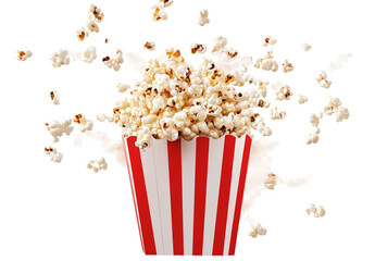Red and white striped popcorn box with popcorn flying out of it, transparent background, PNG 