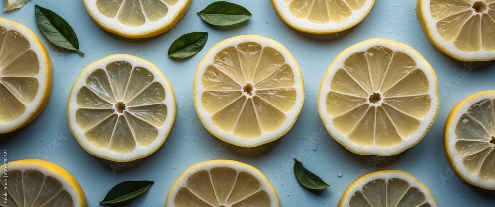 Poster Lemon Slices Arranged on Background with Fresh Green Leaves and Space for Textual Overlay