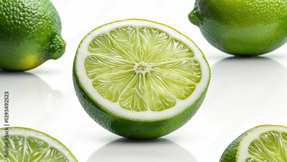 Aufkleber Freshly Cut Lime Segment with Vibrant Green Color and Glossy Surface Isolated on White Background for Culinary and Beverage Themes