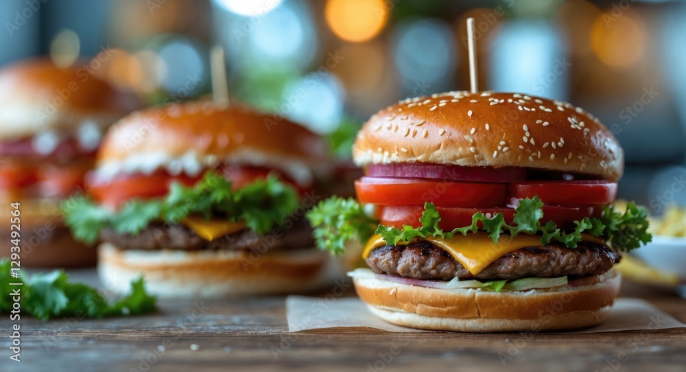 Poster gourmet hamburger with fresh vegetables and cheese on wooden table with soft focus background