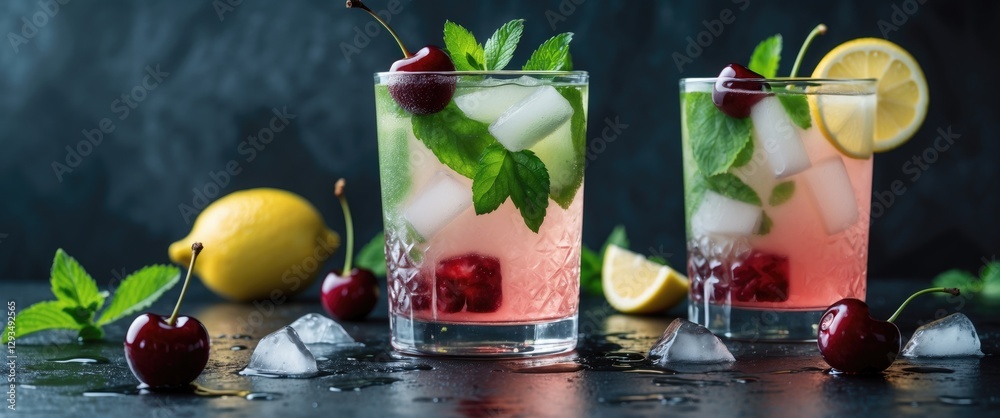 Poster refreshing summer lemonade and mojito cocktails garnished with mint and cherries on dark background 