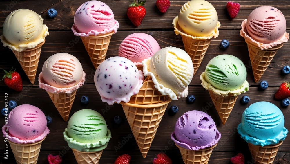 Poster colorful assortment of homemade ice cream in waffle cones surrounded by fresh fruits on wooden backg