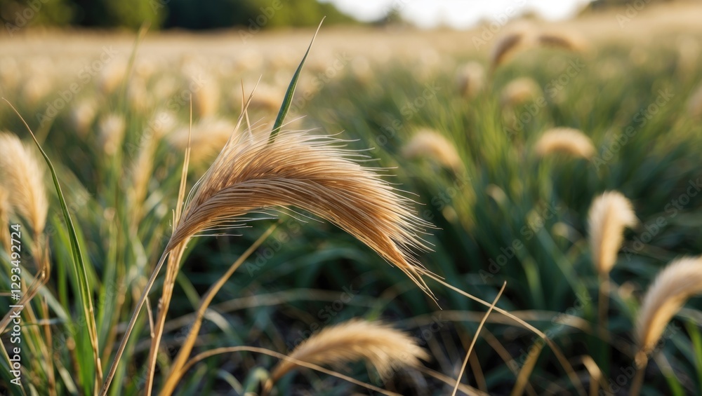 Poster nature's serenity with thatch grass in selective focus, capturing delicate details of outdoor flora 