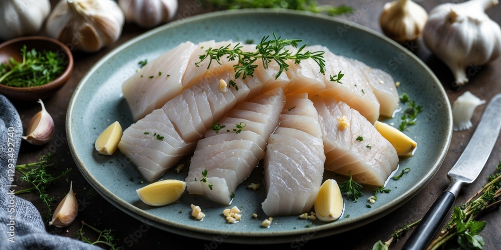 Poster sliced salted cod on a plate with fresh garlic and herbs for culinary presentations and recipes