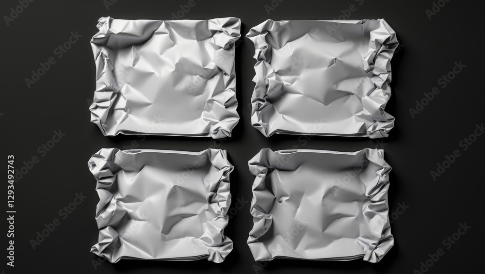Aufkleber Set of four isolated crumpled paper sheets with rounded edges displayed on a black background suitable for mockup templates and designs.