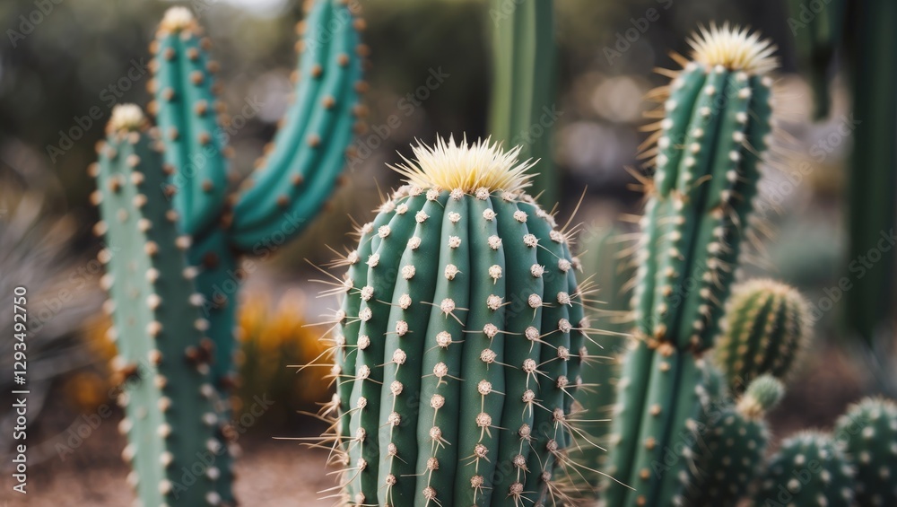 Poster close-up view of green cactus with prominent spines against soft background in natural desert enviro