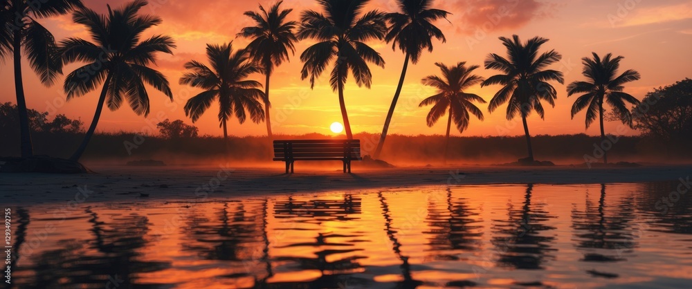 Poster silhouettes of palm trees and a lonely bench by the shore at sunset reflecting on serene water creat
