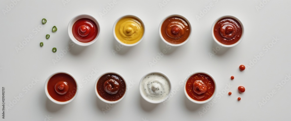 Aufkleber Variety of Sauces in Bowls on White Background with Green Onion Garnish and Empty Space for Text or Design Applications