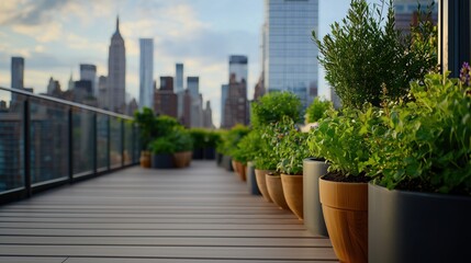 Fototapeta premium Urban Rooftop Garden with Green Plants, Wooden Decking, and City Skyline Background Featuring Modern Architecture and Clear Sky