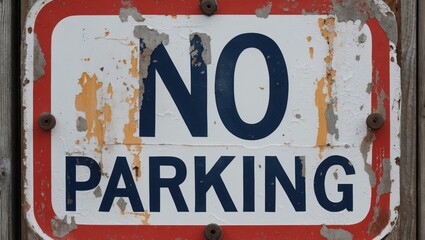 Fototapeta premium Weathered no parking sign with peeling paint and rust, showcasing urban decay and the passage of time in a cityscape environment.
