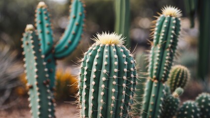 Naklejka premium Close-up View of Green Cactus with Prominent Spines Against Soft Background in Natural Desert Environment