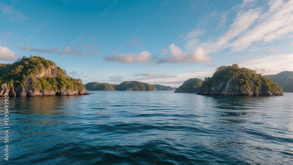 Poster Serene panorama of Similan Islands reflecting in the calm waters with space for customizable text or captions. Ideal for travel or nature themes.
