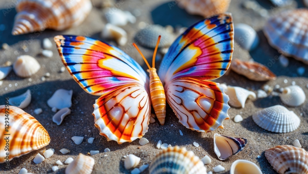 Poster colorful butterfly-shaped sea shell on sandy beach with pebbles and broken shells, highlighting summ