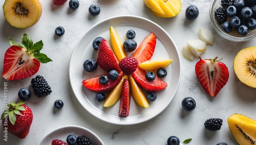 Aufkleber colorful sliced fruits arranged on a white plate surrounded by fresh berries and empty space for tex