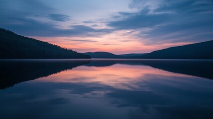 Fototapeta premium A still lake with a perfectly mirrored sky at twilight