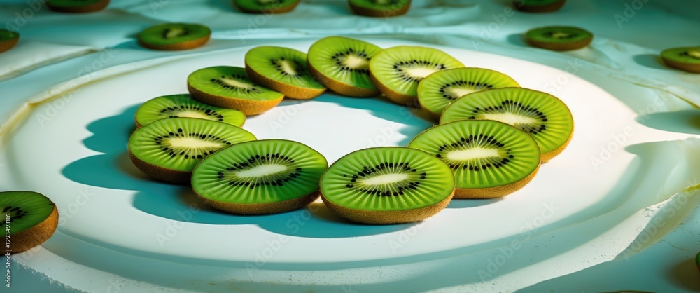 Poster Sliced kiwi rings arranged artistically on a white background with backlighting creating an appealing fresh fruit pattern.