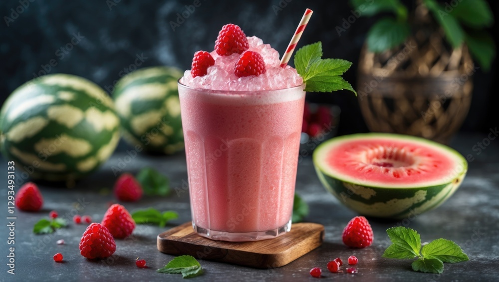 Aufkleber refreshing melon raspberry smoothie in a glass garnished with fresh raspberries and mint on a dark b