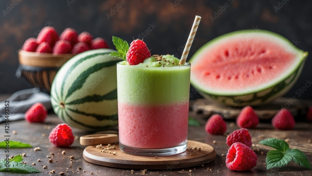 Aufkleber Refreshing Melon Raspberry Smoothie in Glass with Fresh Berries and Watermelon Slices Surrounded by Greenery and Copy Space for Text