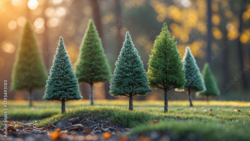 Aufkleber Miniature artificial trees in a tranquil forest setting illuminated by soft sunlight creating a serene and picturesque natural scene.