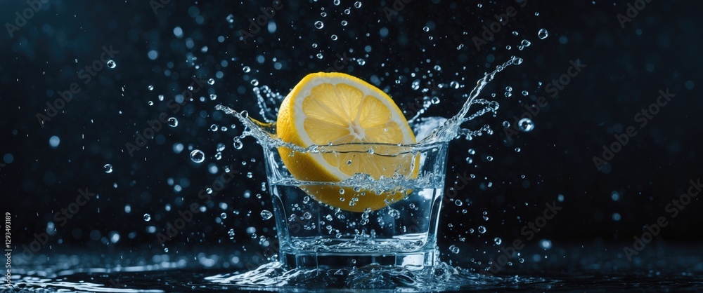Poster Lemon slice creating a splash in a glass of water with droplets captured in mid-air against a dark backdrop showcasing motion and freshness.