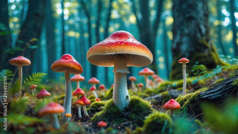 Poster Vibrant Red-Capped Mushrooms Growing in a Lush Forest with Soft Focus and Ample Space for Text Overlay