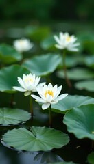 Water lilies and white lotus flowers in a serene pond, calm, pond