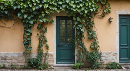 Vibrant green vines climbing a textured wall beside a charming door creating a serene and inviting exterior landscape.