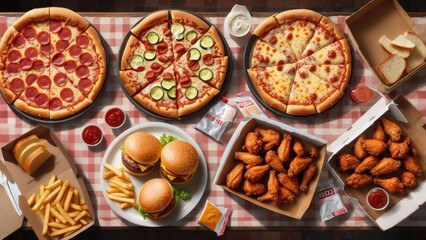 Group feast featuring pizzas, burgers, wings, and fries for a fun gathering