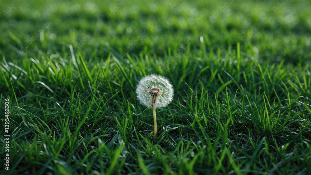 Poster solitary dandelion flower in a recently mowed lawn with lush green grass creating a serene and textu