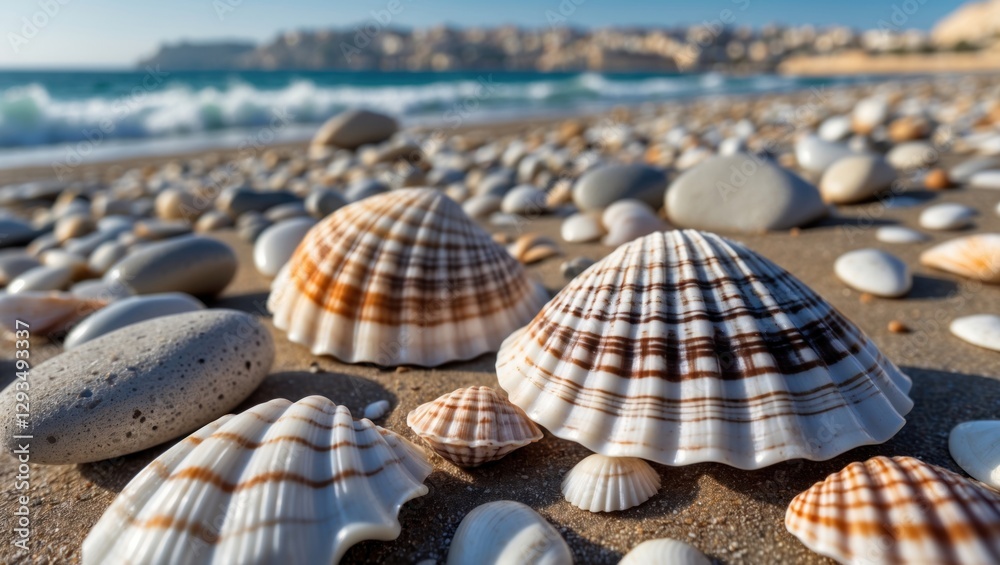 Poster seashells and pebbles scattered on a sandy beach with waves in the background capturing the beauty o