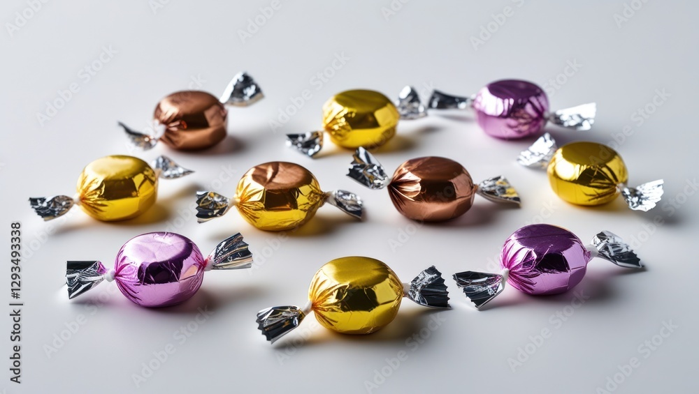 Poster colorful assorted candies in shiny foil wrappers arranged on a clean white background perfect for fe