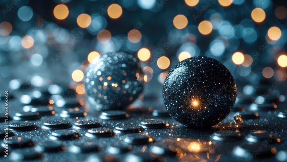 Poster glittering silver and black decorative balls with sparkling light reflections against a blurred boke