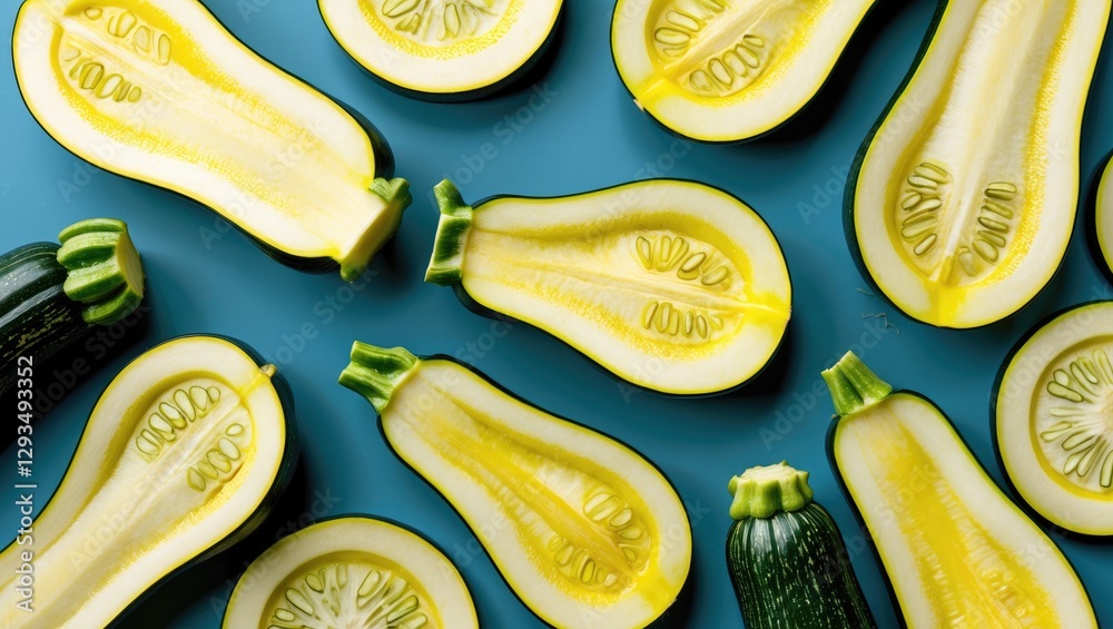 Aufkleber Freshly Sliced Zucchini and Yellow Squash on Vibrant Blue Background with Negative Space for Text or Design Elements
